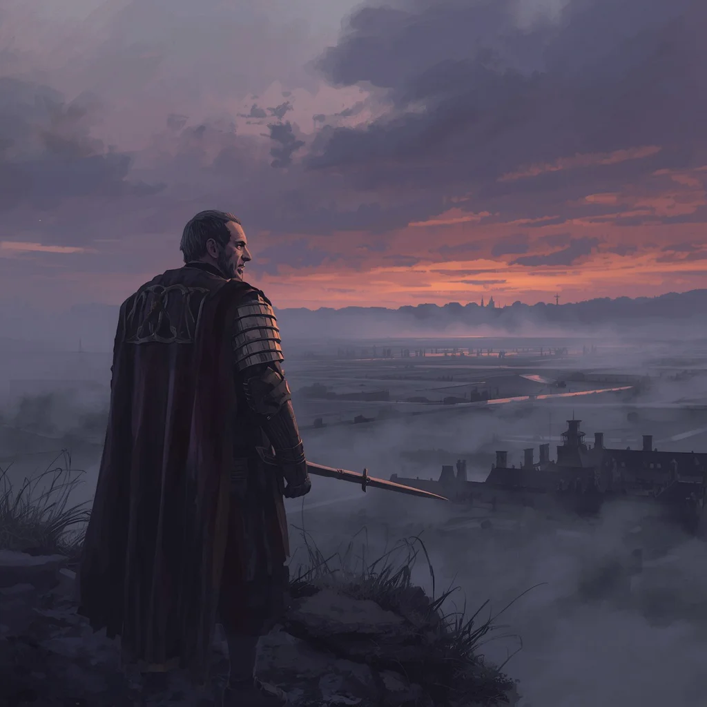 Stoic Commander: A Man Overlooking a Misty Battlefield at Dawn — AI image prompt