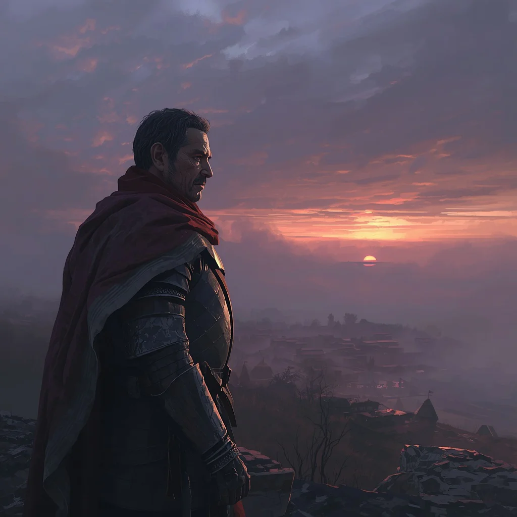Stoic Commander: A Man Overlooking a Misty Battlefield at Dawn — AI image prompt