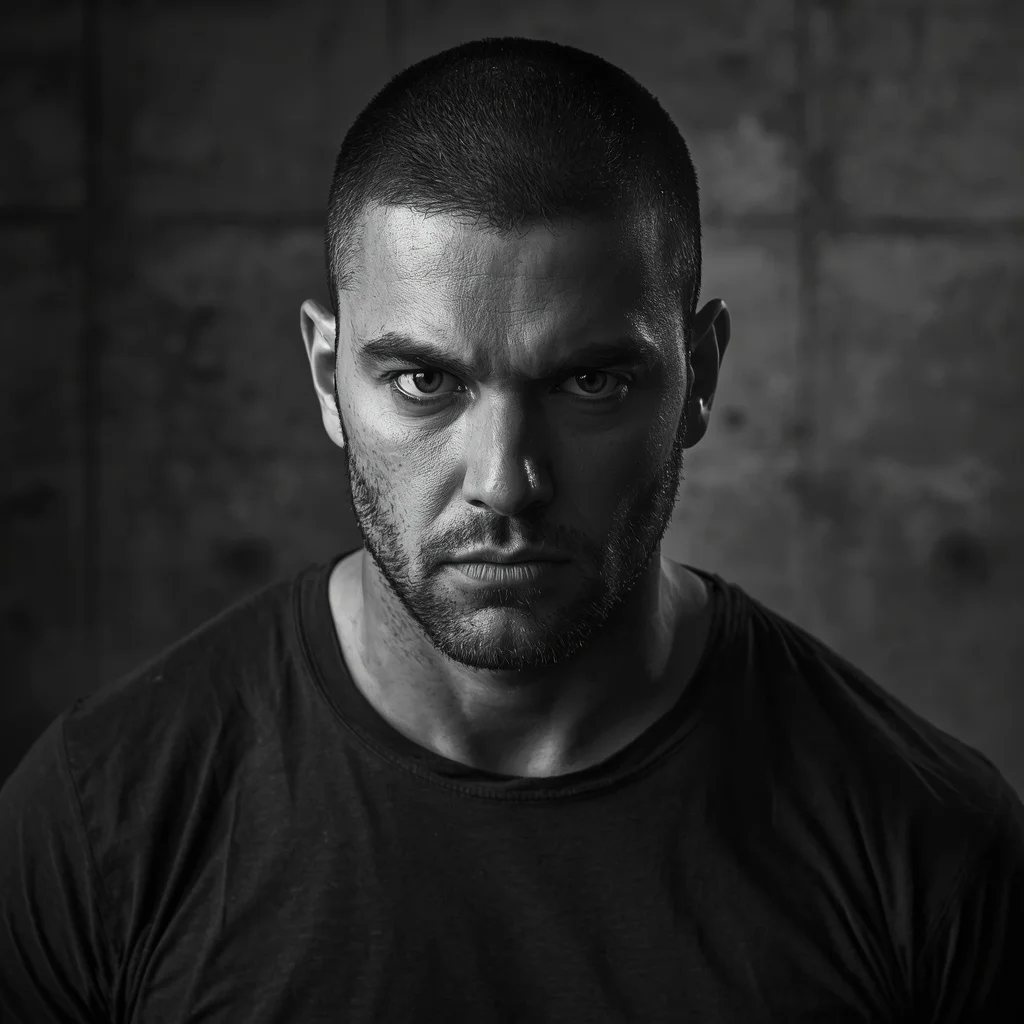 Strong Determination: A Man's Intense Gaze in a Gritty Environment — AI image prompt