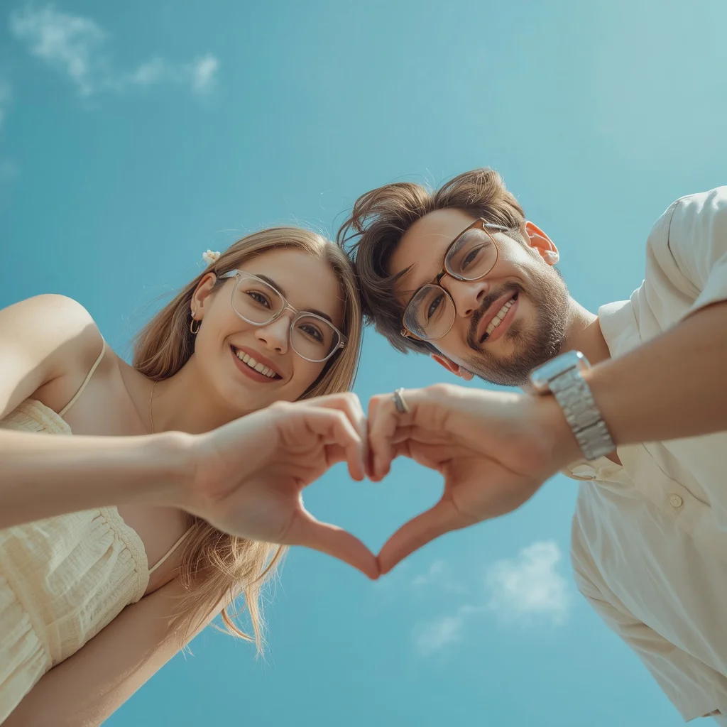 Ultra-Realistic Romantic Couple: Low-Angle Heart Hands — AI image prompt