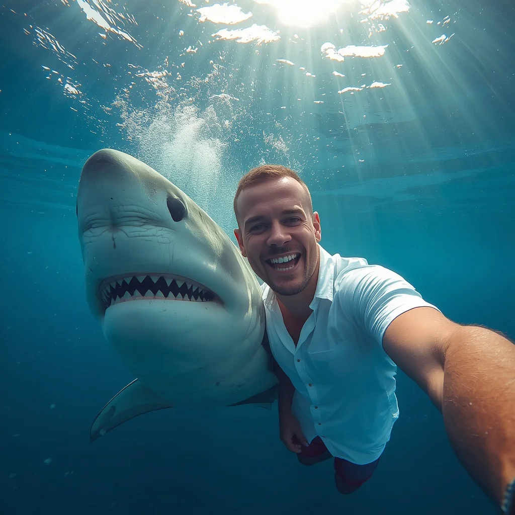 Ultra-realistic Underwater Selfie: A Cheerful Man with a Shark — AI image prompt