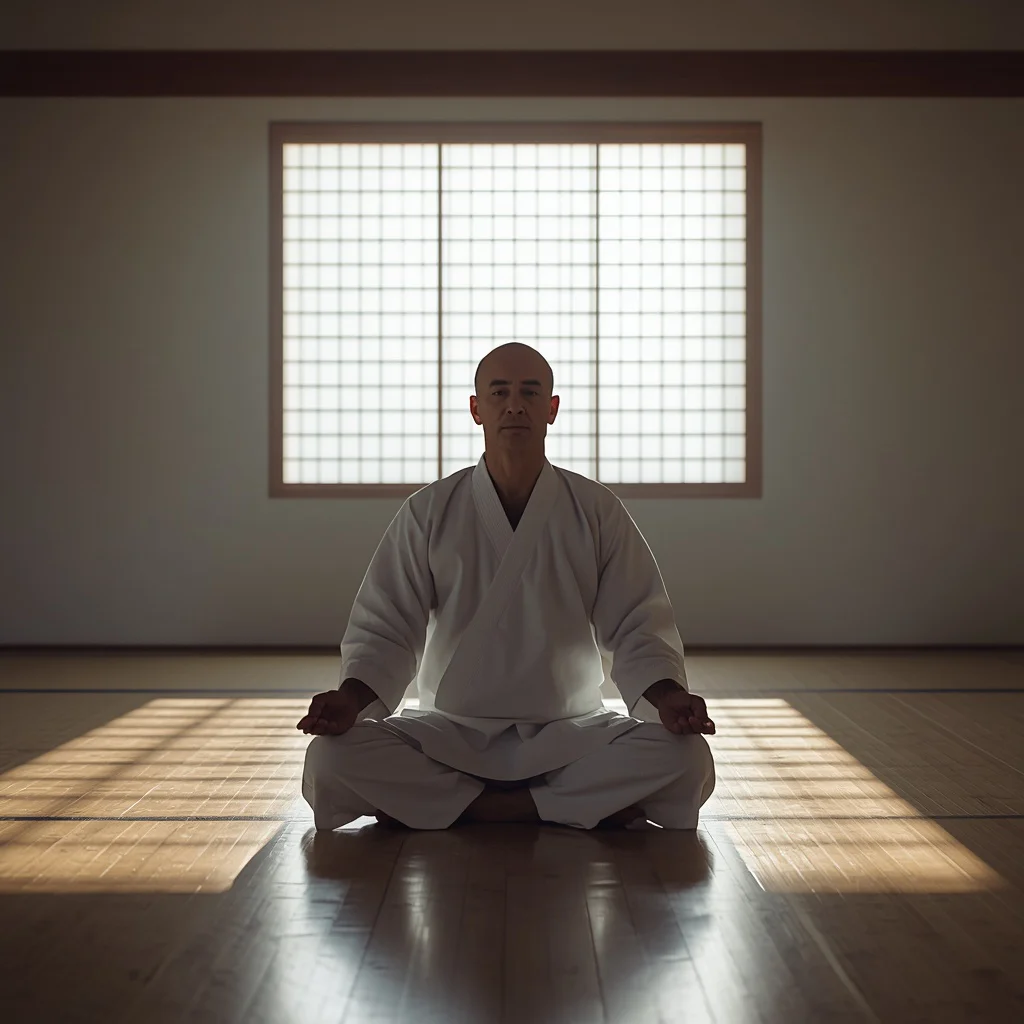 Zen Warrior: A Man Meditating in a Japanese Dojo at Dawn — AI image prompt